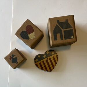 Vintage 90s Rustic USA Made Wooden Block Decor Set Russ Heart Americana Magnet